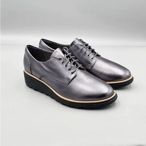 Clarks Sharon Noel Gunmetal Metallic Oxford Shoes with Wedge Sole